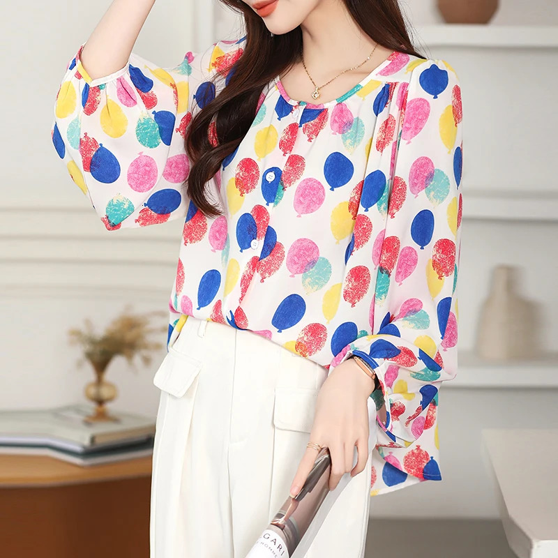 Colorful Polka Dot Print Sweet Chiffon O-Neck Lantern Sleeve Loose Womens Blouse Shirt Korean Fashion Female Clothing Tops 250417