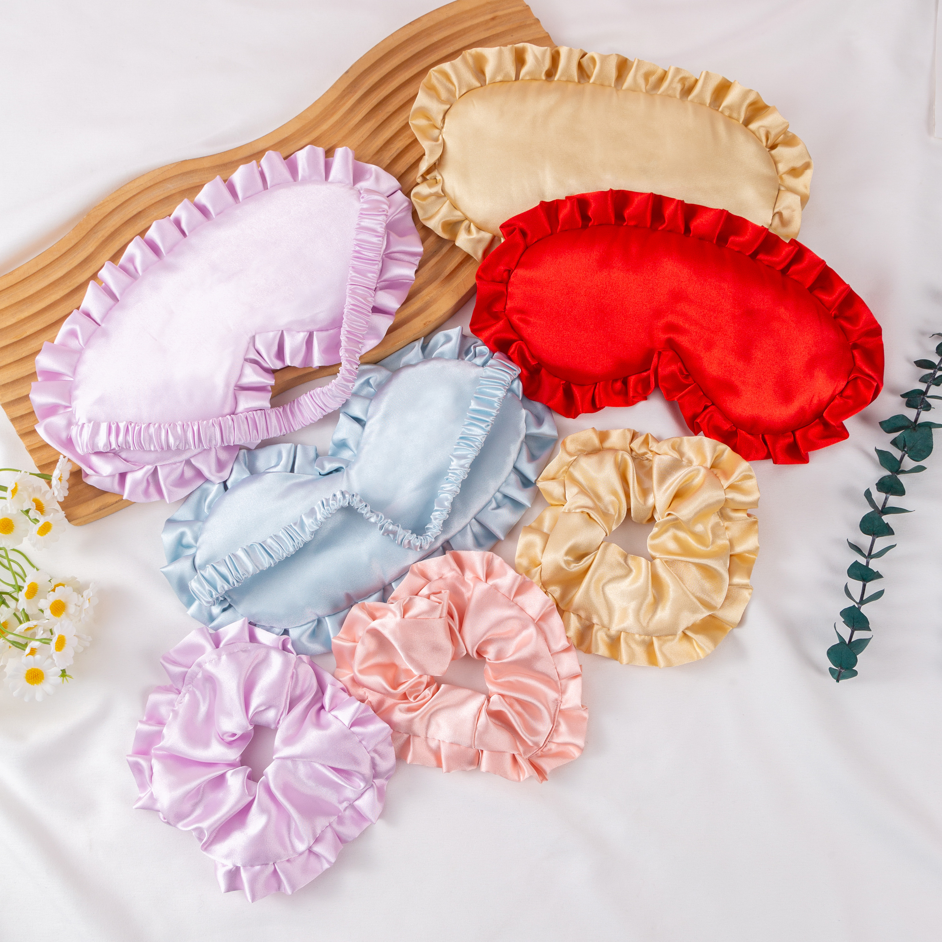 Silk-like lace eye mask and hair tie 2-piece set, lotus leaf edge, outdoor light-blocking sleep eye mask, fresh and clean style