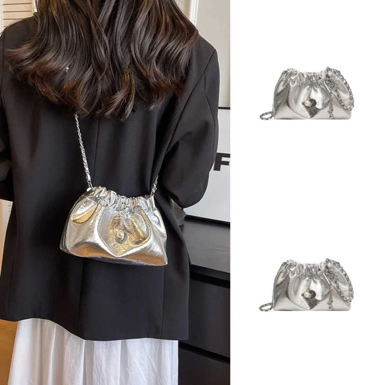 Summer Premium Sense Niche Hundred Crossbody Chain Bag 2025 New Silver Drawstring Bucket Bag CloudsW251118