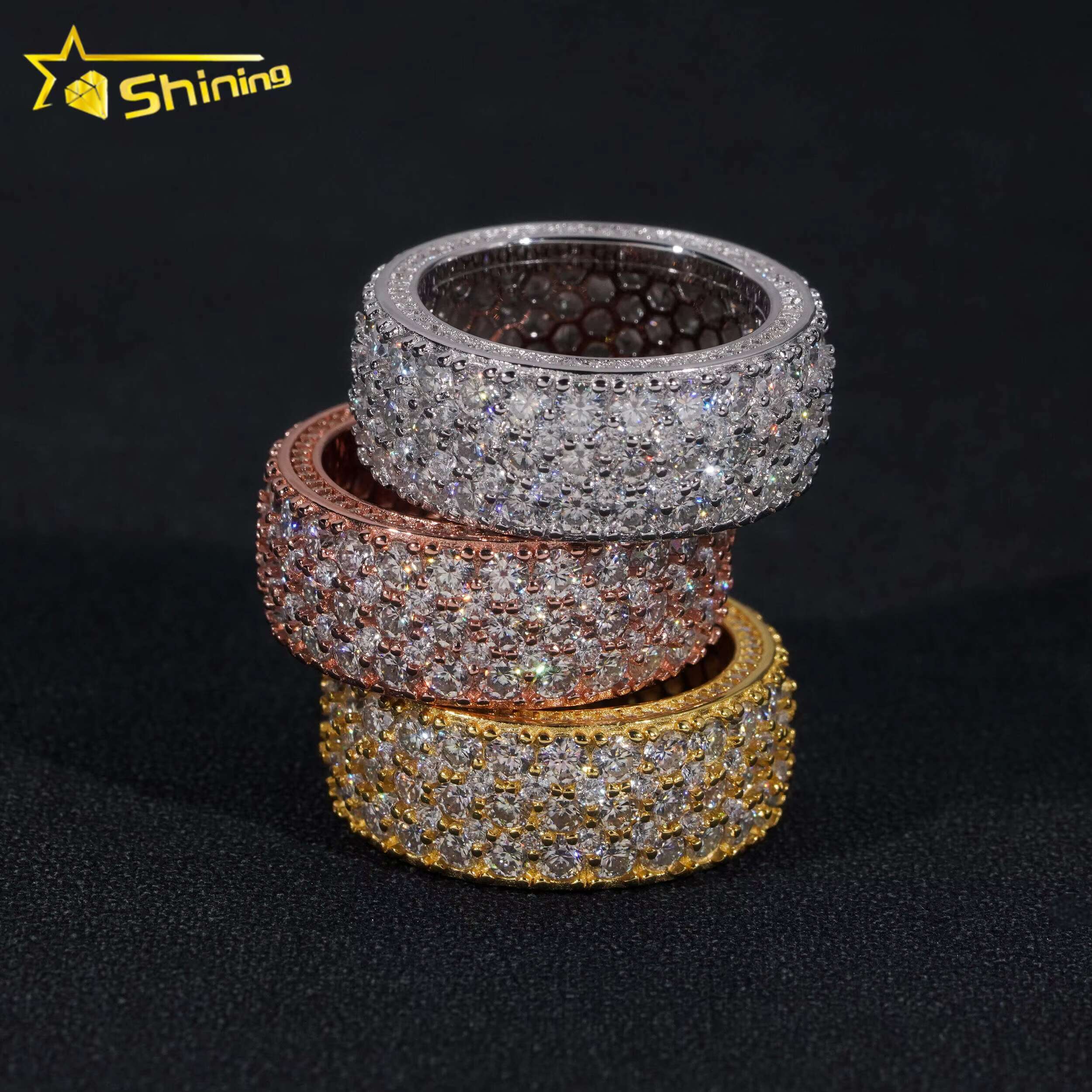 Pass Tester Hip Hop Jewelry Sier 3 Row Stones Fully Eternity VVS Dia Moissanite Iced Out Band Ring