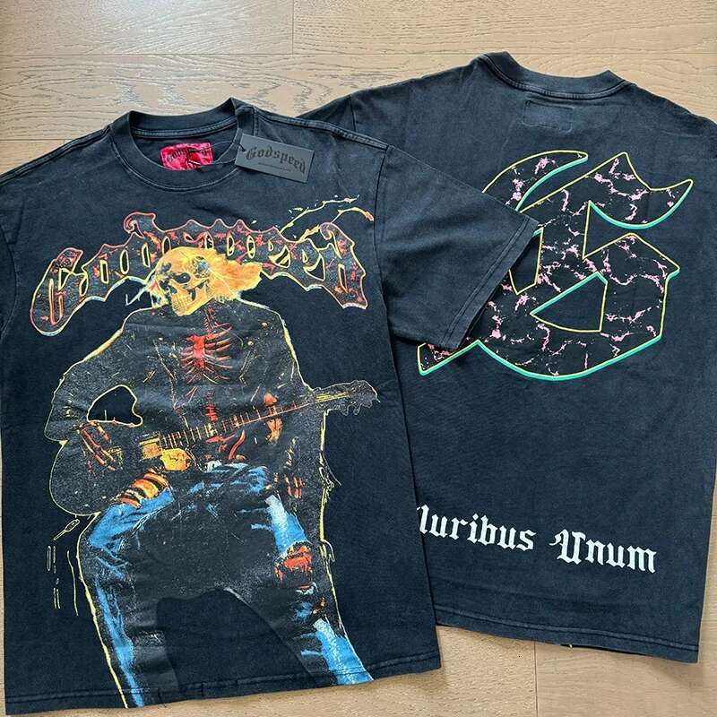 Summer Style Vintage Wash Blue Godspeed T-Shirt Personality Trendy Print God Speed Short Sleeve Washed Tops Cotton Black Tee
