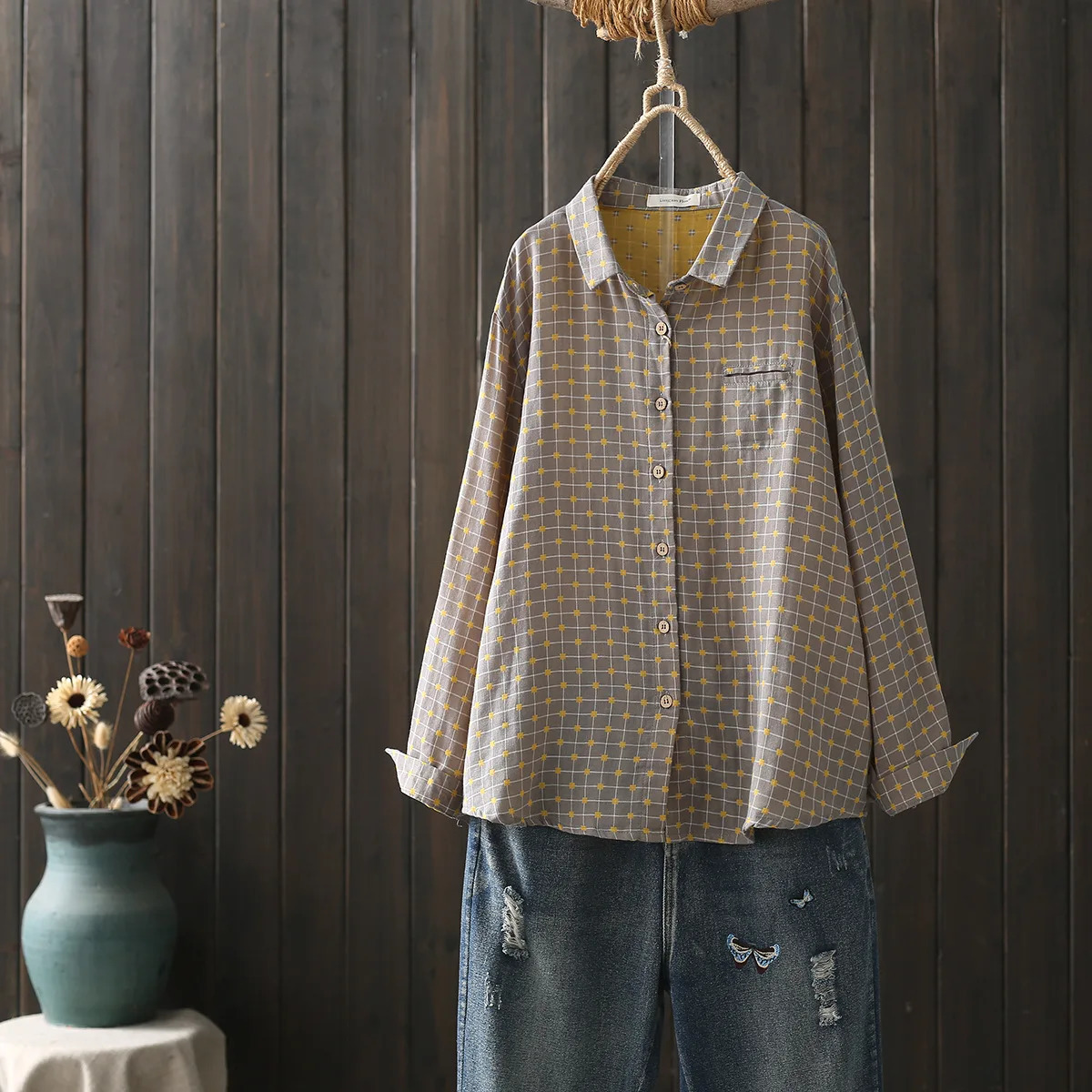 Autumn Two Layer Cotton Yarn White Shirts Women Dot Print Tops Long Sleeve Pocket Loose Casual Blouses Spring T38513JM 250417