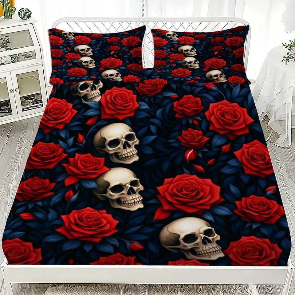 3pcs Fitted Sheet Set Gothic Style Skull Flowers Print 100 Polyester Breathable Bedding Set for Home Decor with 2 casesM251118