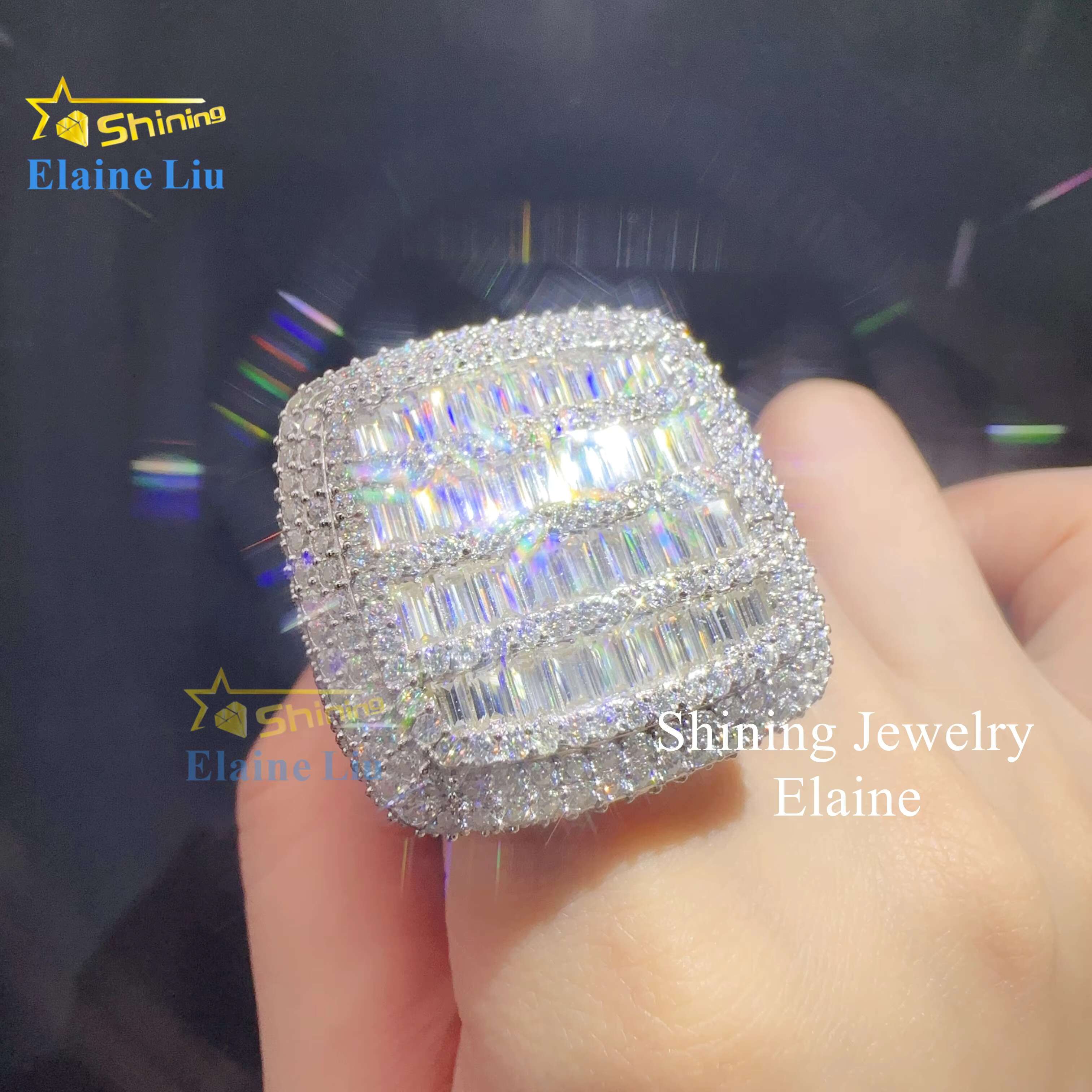 Baguette Hip Hop Custom Vvs Moissanite Mens Iced Out 925 Sterling Silver Ring