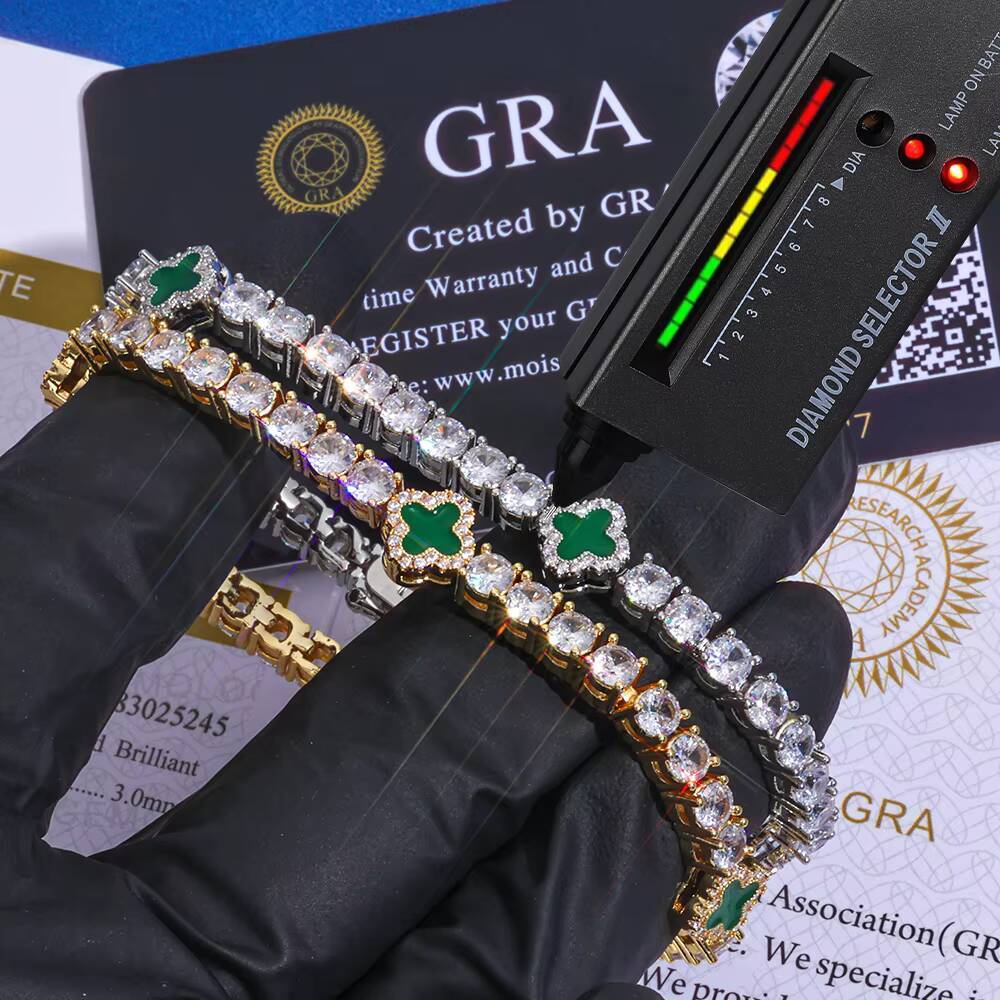 Laboratory cultivation Unisex Hip Hop Bracelet 4mm Tennis Chain 925 Silver Iced Out VVS Moissanite Multicolor Clover Leaf Fine Jewelry