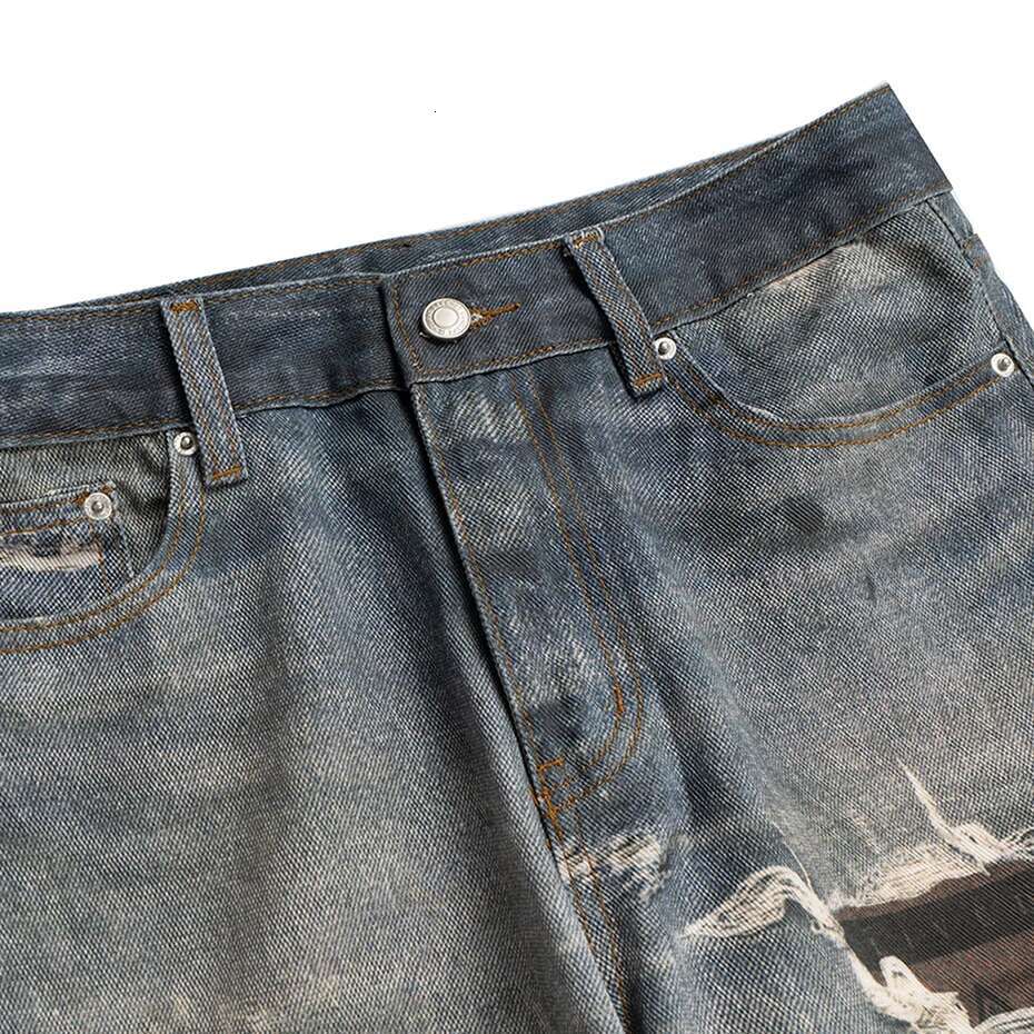 Leopard Printed Men's Vintage Blue Baggy Loose Casual Straight Denim Pants Streetwear Haruku Jeans