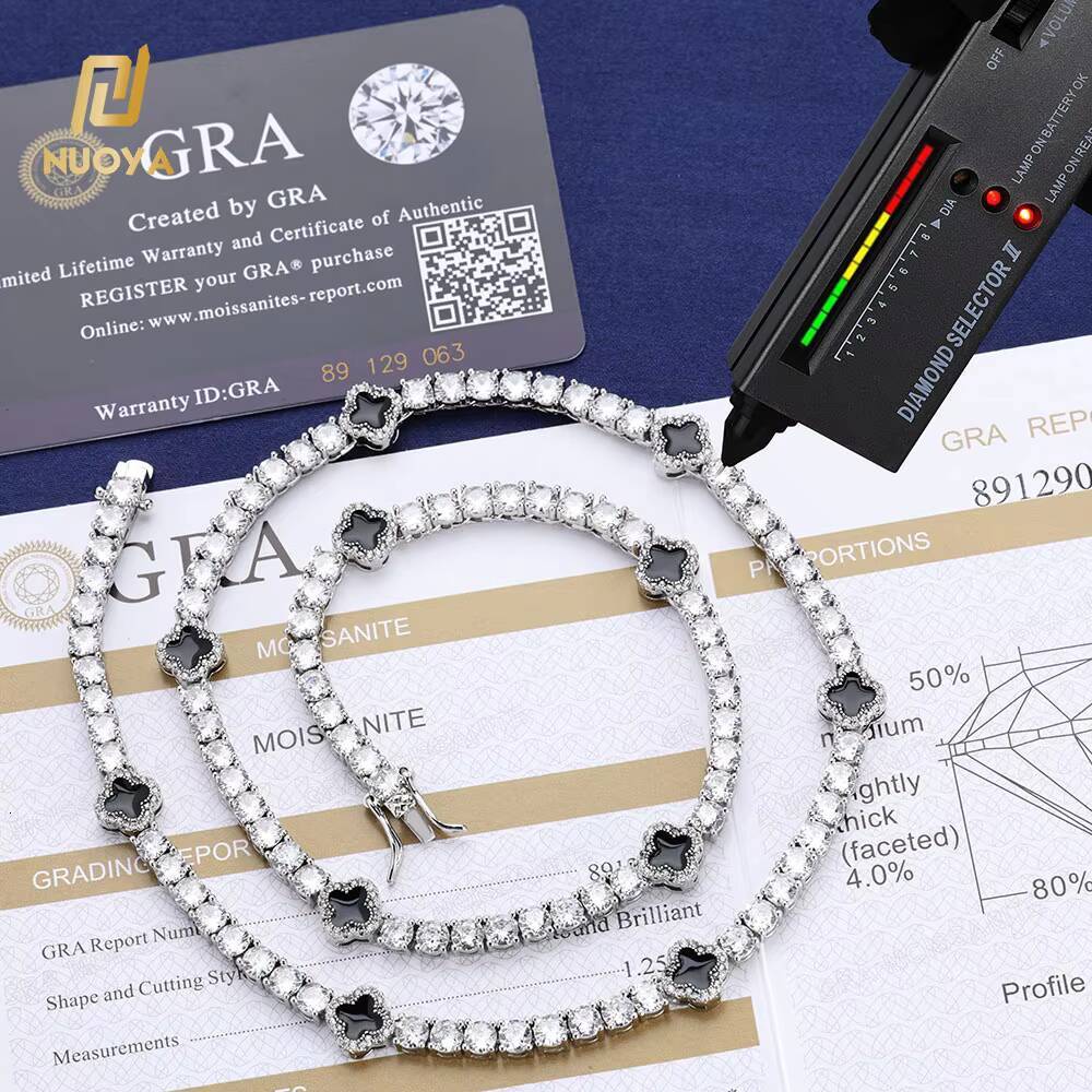 Laboratory cultivation Hip Hop Jewelry 4mm Iced Out Moissanite Tennis Chain Black Four Leaf Clover Tennis Chain Necklace Gift for Men Women