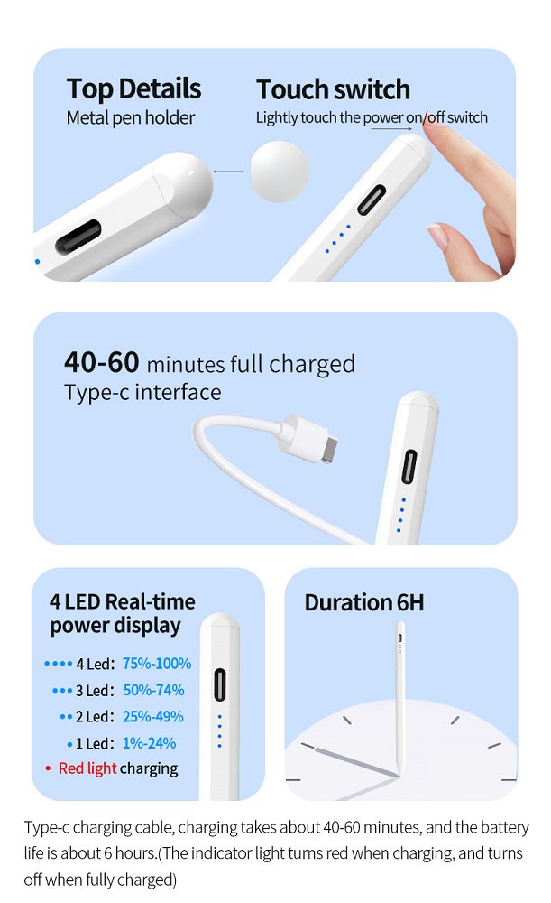 Universal Stylus Pen Chargeable Touch Pen Compatible for IOS &Android Touch Screens for iPad Type-c Charging Port Active Stylus