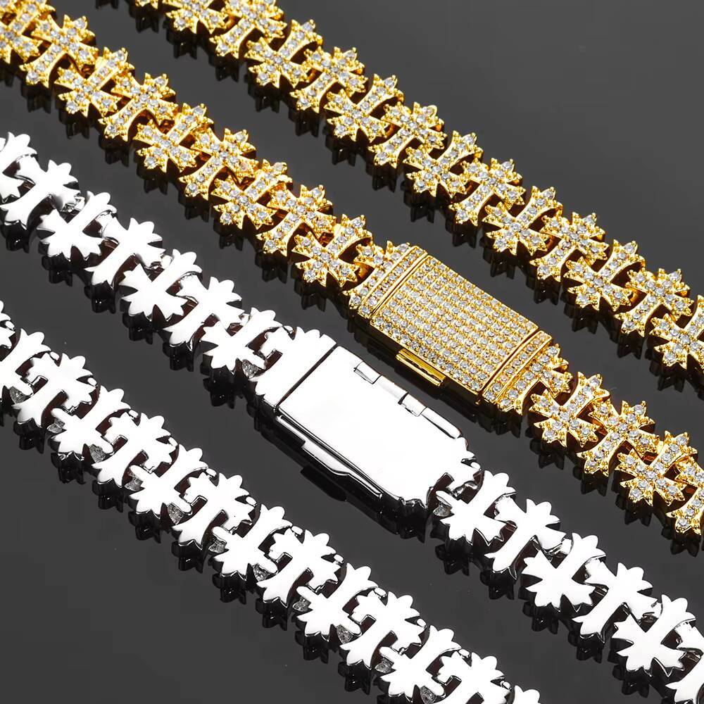 Laboratory cultivation of Moissanite Luxury 11MM Iced Out Diamond Link Chain Gold Plated Cross Bling Zircon Necklace Hip Hop Fine Jewelry