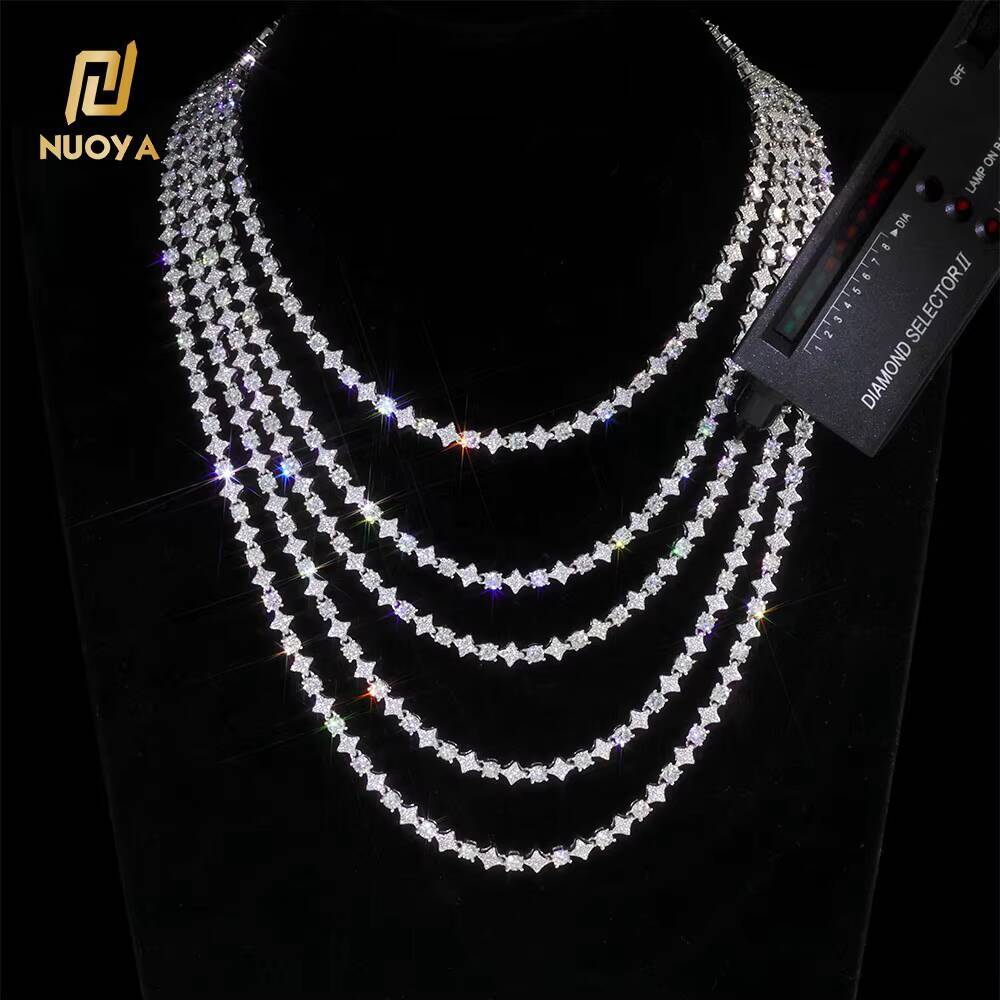 NUOYA Womens Fine Jewelry 6mm Star Shape Tennis Chain 925 Silver Shiny Round Cut VVS Moissanite Stones Hip Hop Style