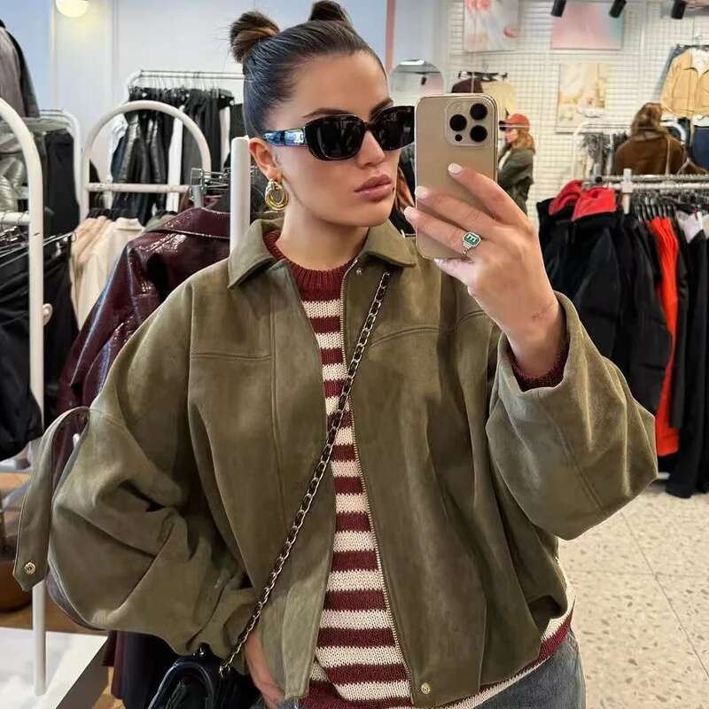 Designer Clothes TRAF Crop Suede Women Spring Women's Jacket Bomber Plus Size Outerwears New In & Jackets Oversize Long Sleeve Coats