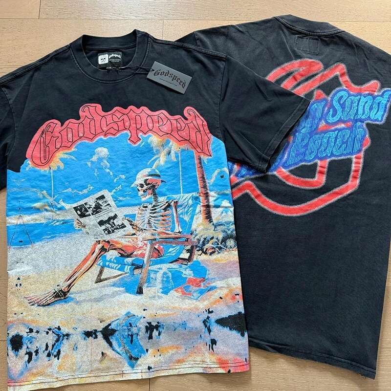 Summer Style Vintage Wash Blue Godspeed T-Shirt Personality Trendy Print God Speed Short Sleeve Washed Tops Cotton Black Tee