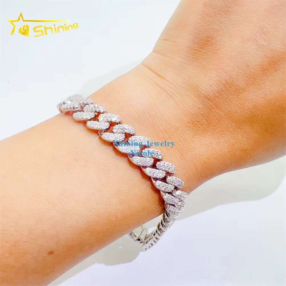 Top Quality Sier Iced Out Custom Hip Hop Jewelry Moissanite Chain 8mm Cuban Link Bracelet