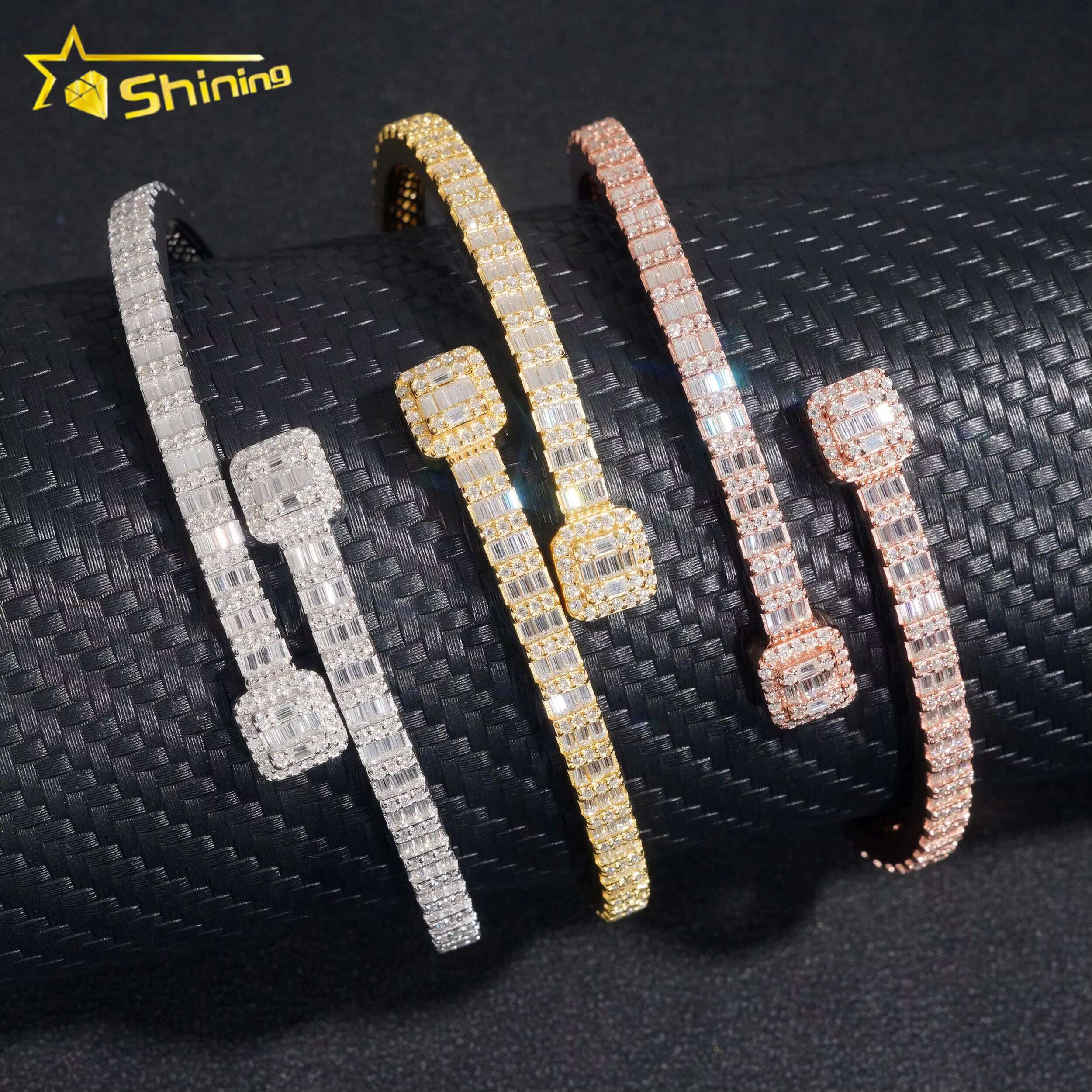 Ready Shipping Fine Jewelry S Sier Gold Plated VVS Baguette Moissanite Dia Bangle Bracelet GRA Certificated