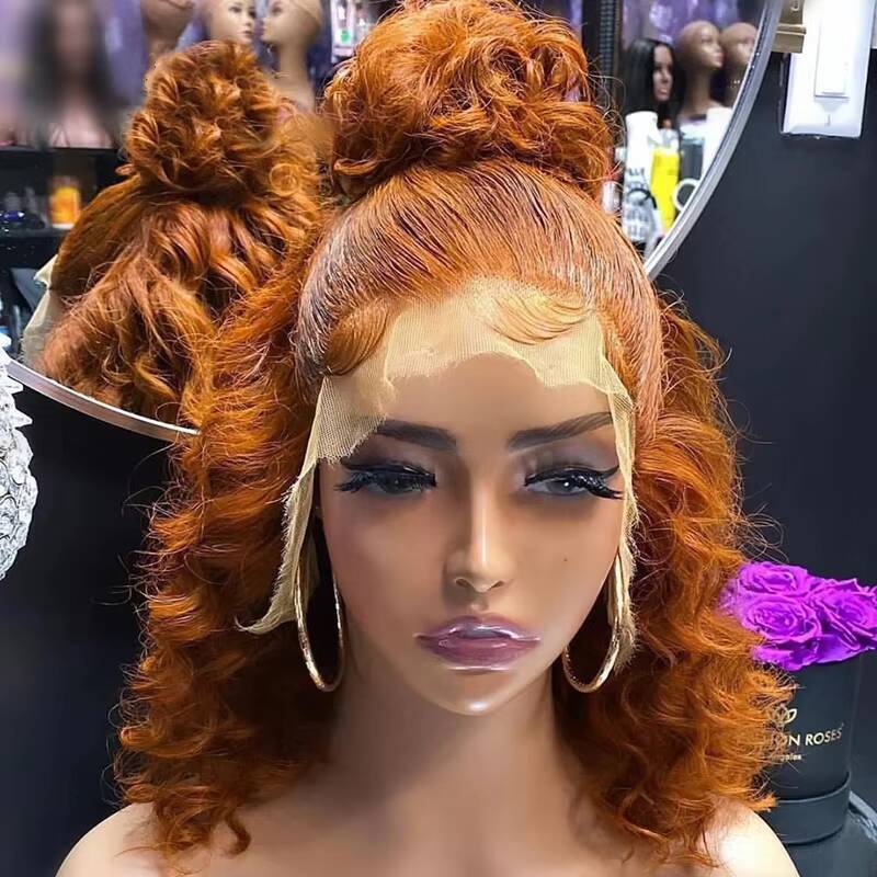Double Drawn Short Wig Ginger Color Big Loose Curly Raw Indian Hair Transparent HD Lace Front Wigs