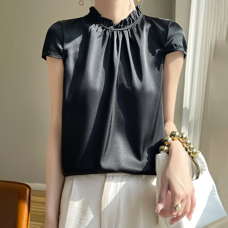 Womens Tops and Blouses Casual OL Silk Blouse Summer Loose Basic Satin Shirt Work Wear Blusas Feminina Tops Shirts Plus Size XXL 210323