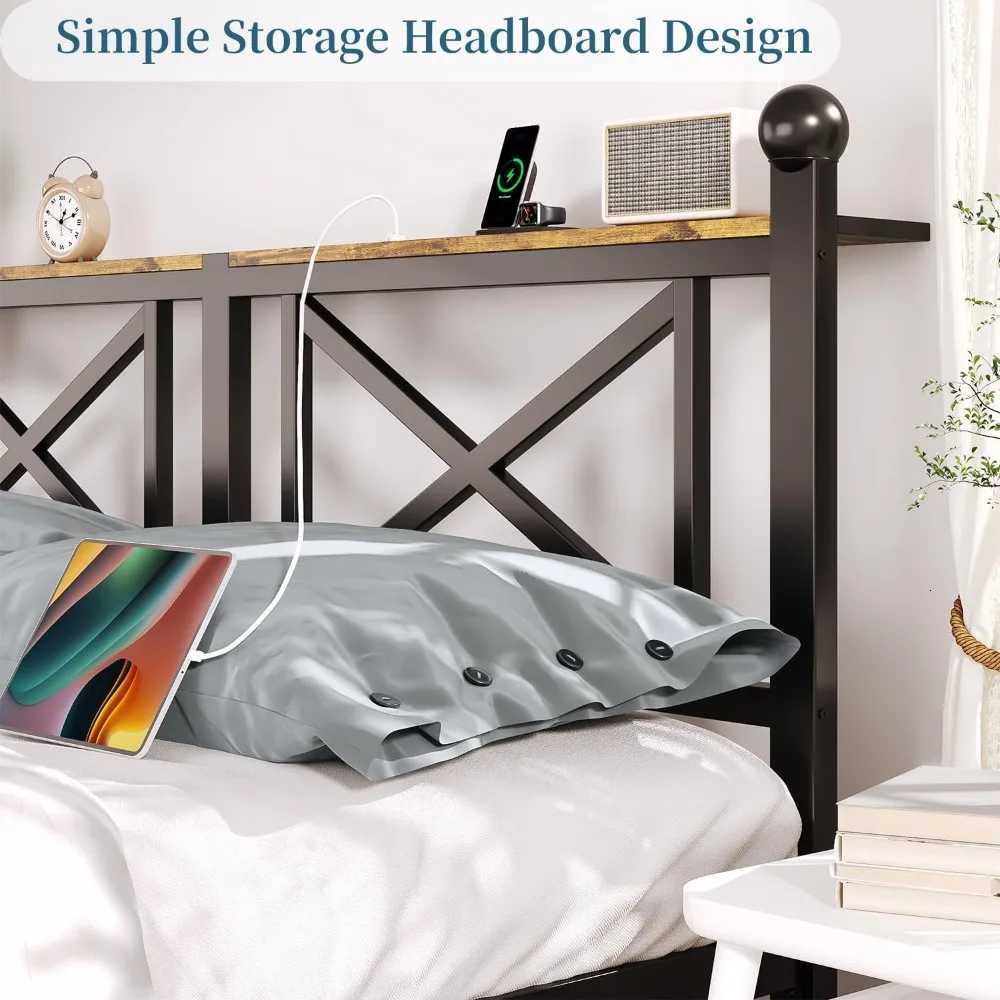 Bed Frame with LED Lights Heavy Duty Metal Bed with Headboard and Footboard Storage Shelf with Charging StationM251118
