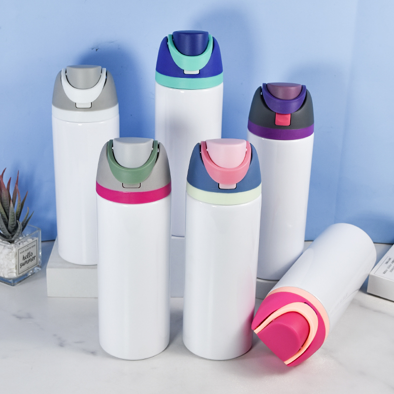 24oz sublimation white sports water bottle with colored lid straw double walls stainless steel vacuum insulated flask fruit drinking bottle A1