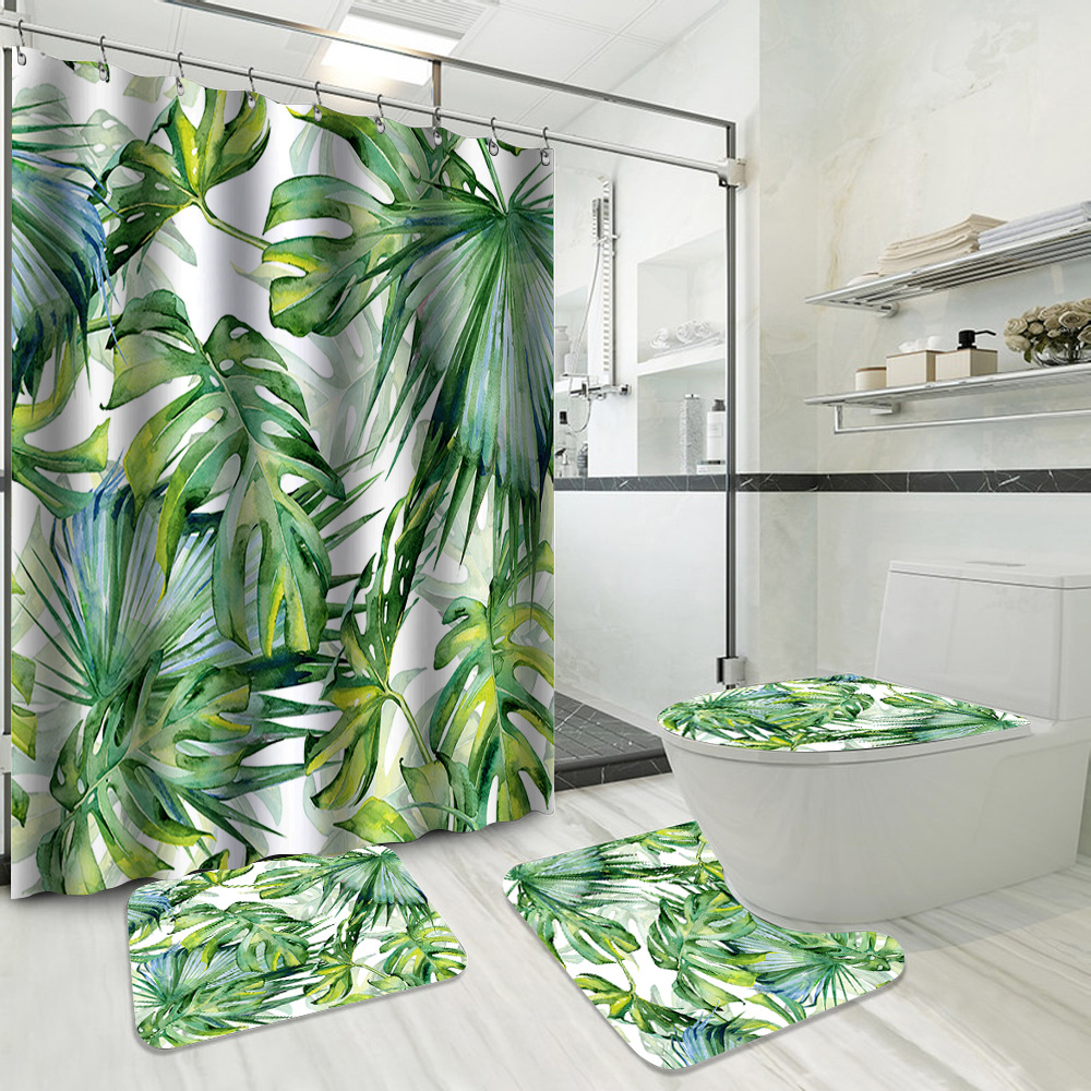 YL-37743 Hot Selling Shower Curtain 4-Piece Set, Green Plant Series, Waterproof and Mildew-Proof Shower Curtain, No Drilling Required