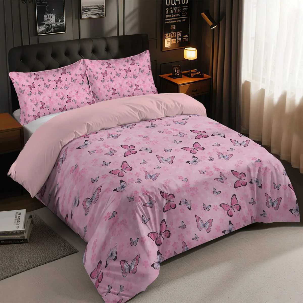 3-piece Pink Butterfly Printed Coreless Bedding Set Soft and Comfortable Suitable for Various Sizes of Dormitory BedroomsM251118