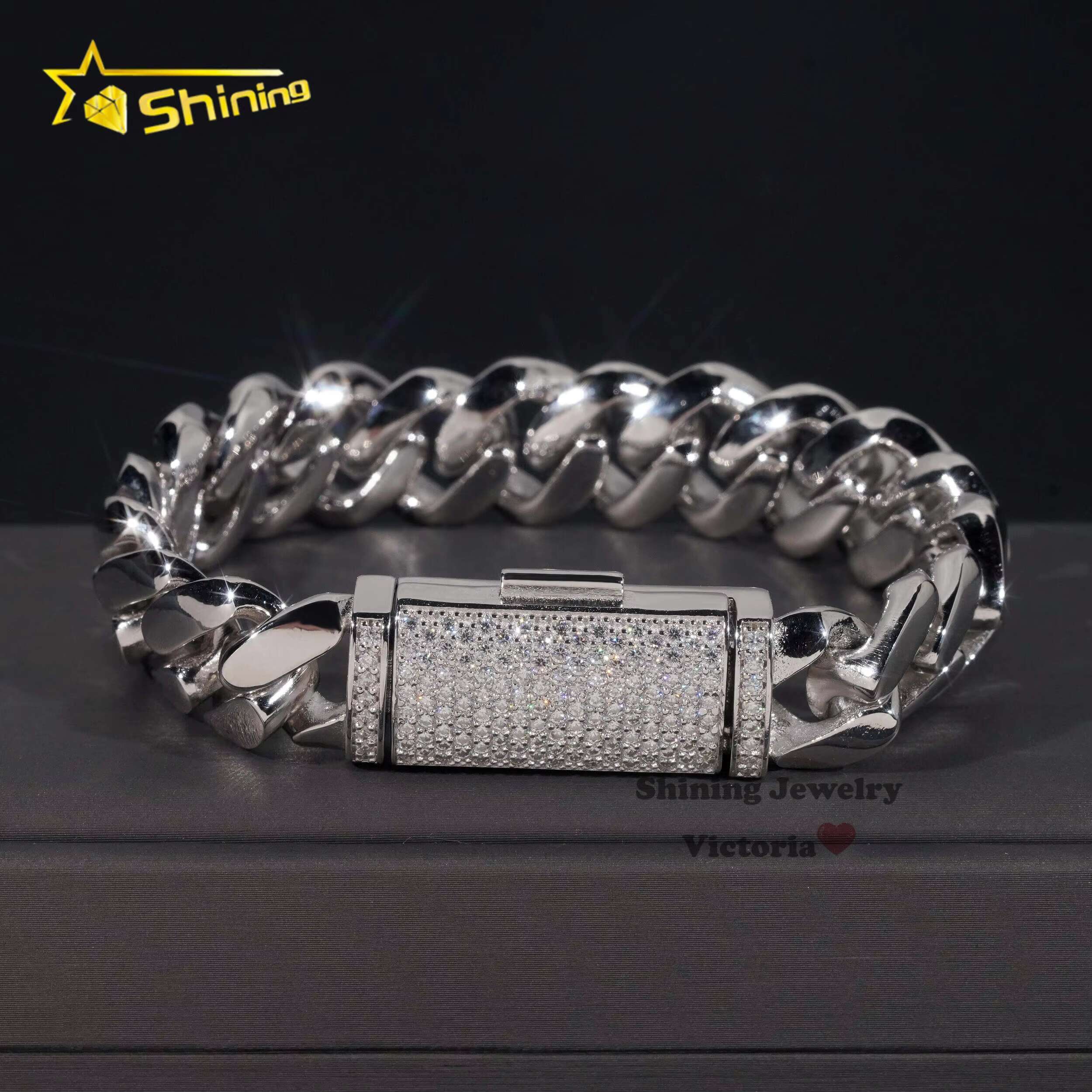 Iced Out Custom Rapper Style Hip Hop Jewelry 12MM Moissanite Lock Hand Made Tight Plain Cuban Link Bracelet