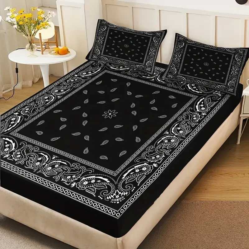 Black Paisley Mandala Fitted Sheet Set Bohemian Style Mattress Covers Soft Breathable With Deep Pocket for BedroomM251118