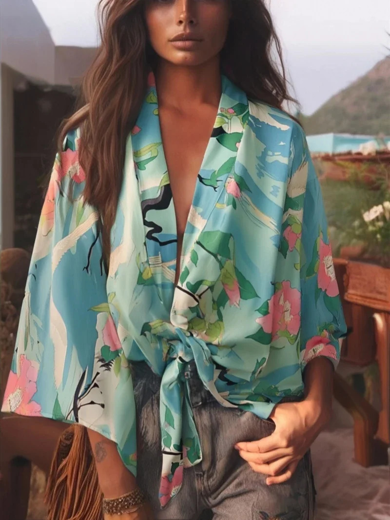 Bohemian Queen Retro Crane Printed Belt Short Kimono Womens Beach Fashion Vneck Batwing Sleeve Bikini Top 250415Z