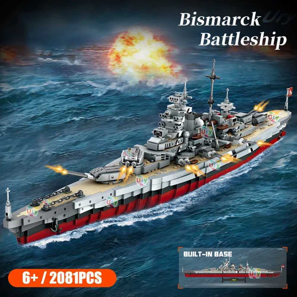 2081pcs Military WW2 Bismarck Battleship Large Boat Cruiser Model Weapon Building Blocks MOC Warship Set Toys for Children Gifts C251118