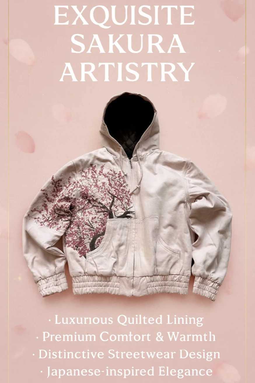 Fashion Cherry Blossom Hooded Jacket Women Man Quilted Lining Pink Zip Up Streetwear Japanese Sakura Print Casual Coat Fashion X251118