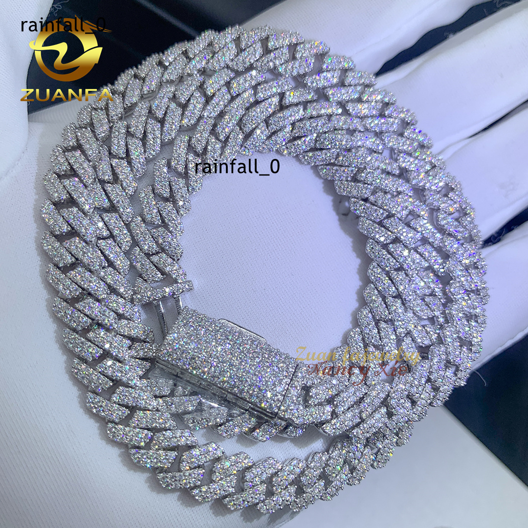 Hip Hop Men 8MM Prong Cuban Link Chain Necklace Bling Iced Out 2Row Moissanite S925 Silver Rhombus Cuban Necklace Jewelry