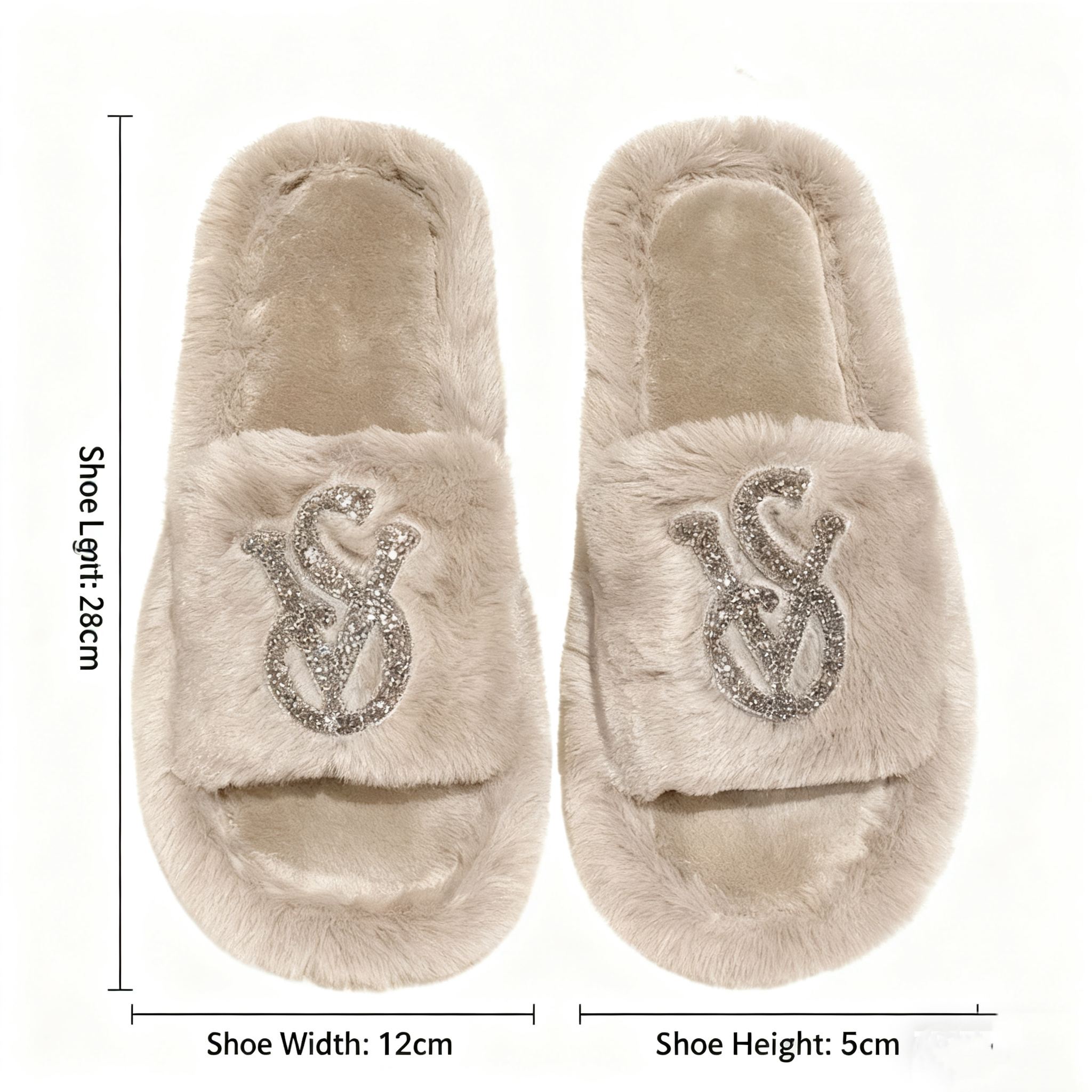 Women's Faux Fur Slides Slippers Winter Warm Rhinestone Decor Open-Toe House Shoes Fluffy Indoor Outdoor Non-Slip Footwear