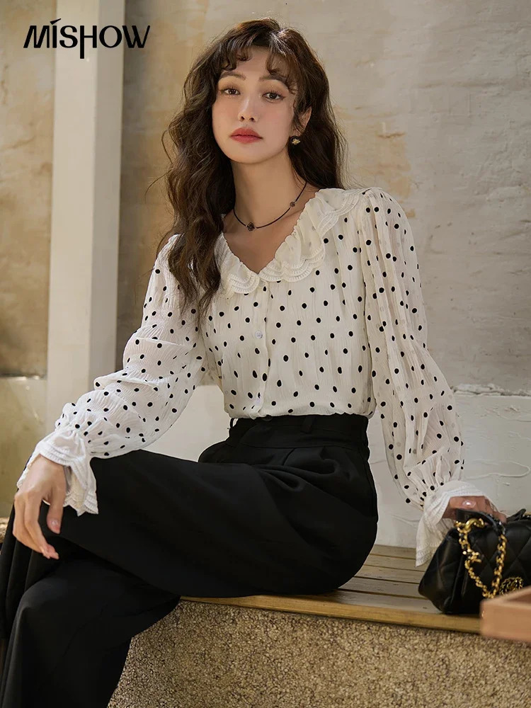 MISHOW Polka Dot Chiffon Tops Spring/Summer Peter Pan Collar Lace Petal Sleeve Female Single Breasted Blouses MXC14X0008 250417