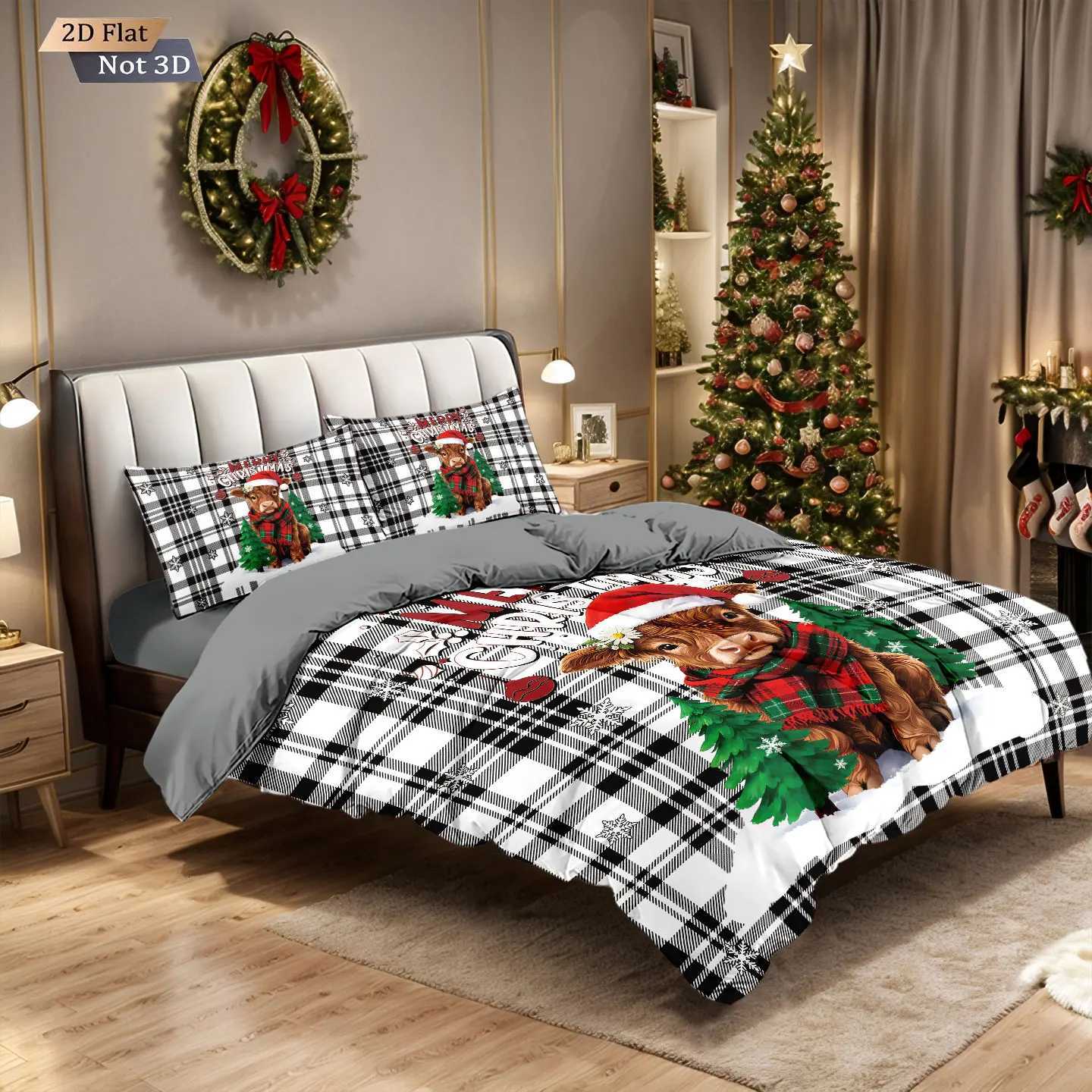 3pcs checkered Christmas highland cow print coreless bedding set multi size bedroom duvet cover decoration machine washableM251118