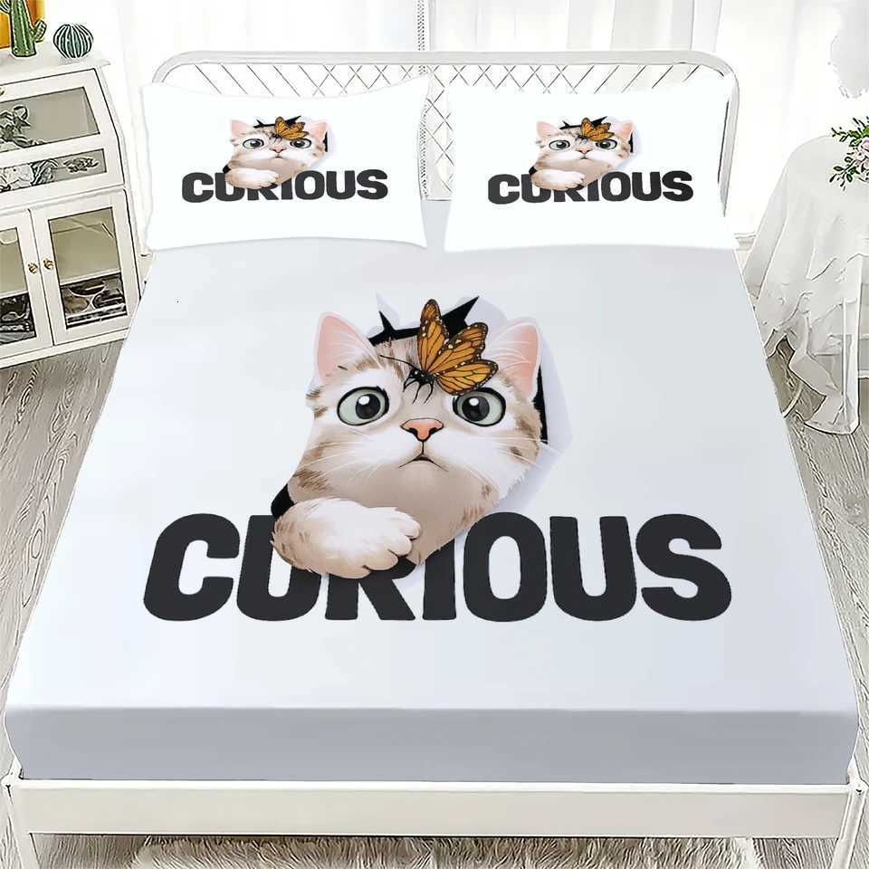 3pcs White Fitted Sheet Set Lovely Cartoon Cat Dog Print 100 Polyester Breathable Bedding Set for Home Decor with 2 casesM251118