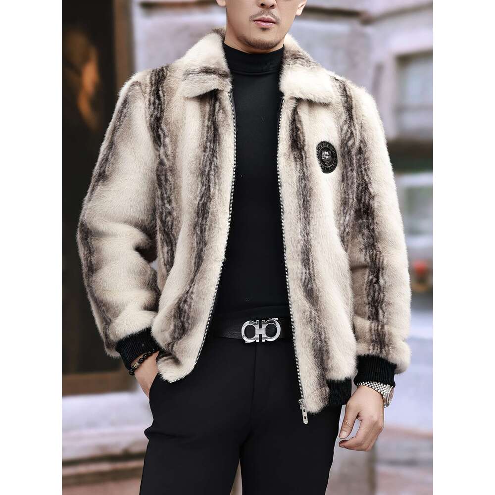 Casual Formal Wear Men's Faux Fur Coat - Winter Warm Color-Block Lapel Collar Jacket, Black & Beige Contrast, Zipper Closure, Regular Fit, Polyes