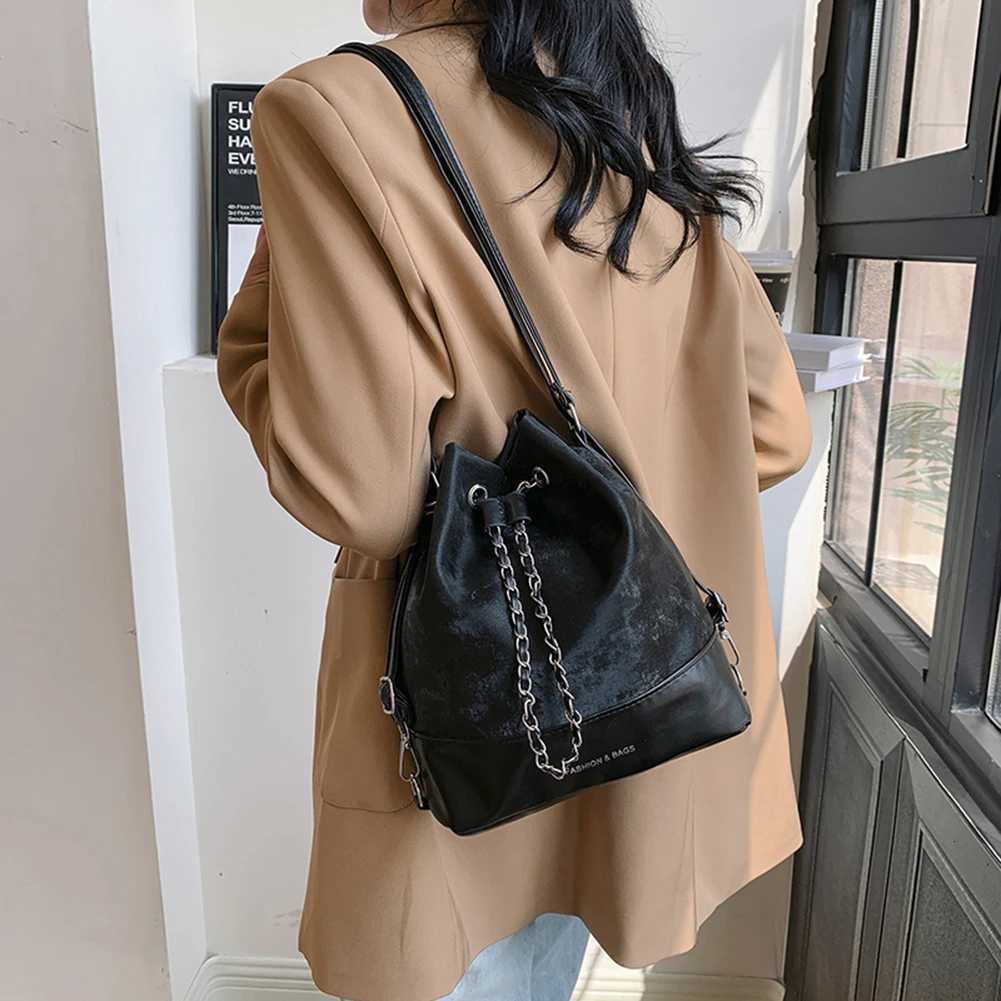 Women Fashion Shoulder Bag Large Capacity PU Drawstring Bucket Bag Chic Hobo Bag Solid Color Adjustable Strap for Party VacationW251118