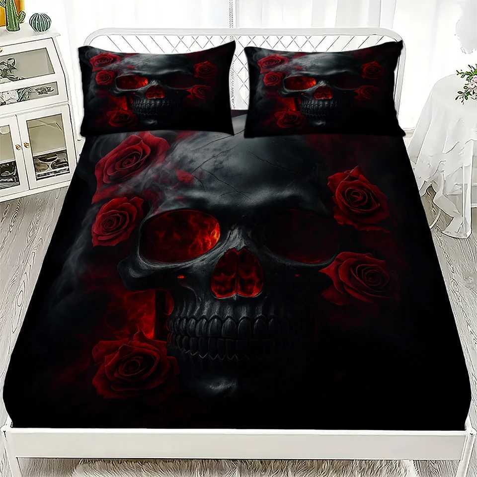 3pcs Fitted Sheet Set Gothic Style Skull Flowers Print 100 Polyester Breathable Bedding Set for Home Decor with 2 casesM251118