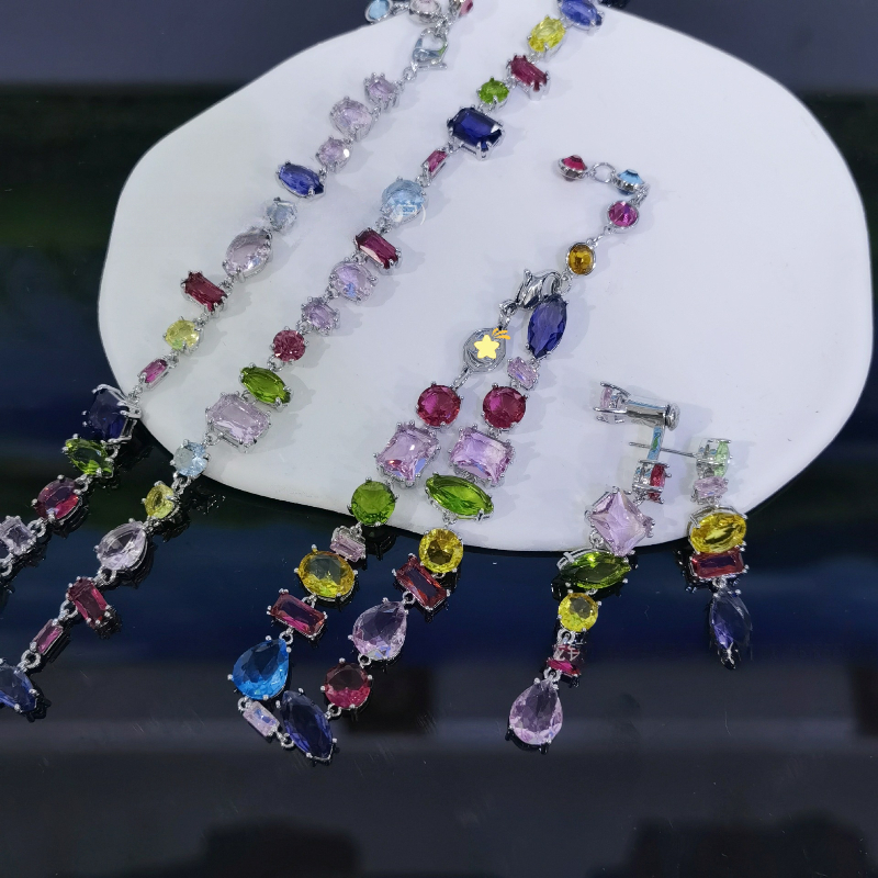 Crystal Choker Necklace Jewelry Set Sparkling Flower Crystal Earrings Bracelets Bangle for Party Colorful Dopamine Stone Z250910