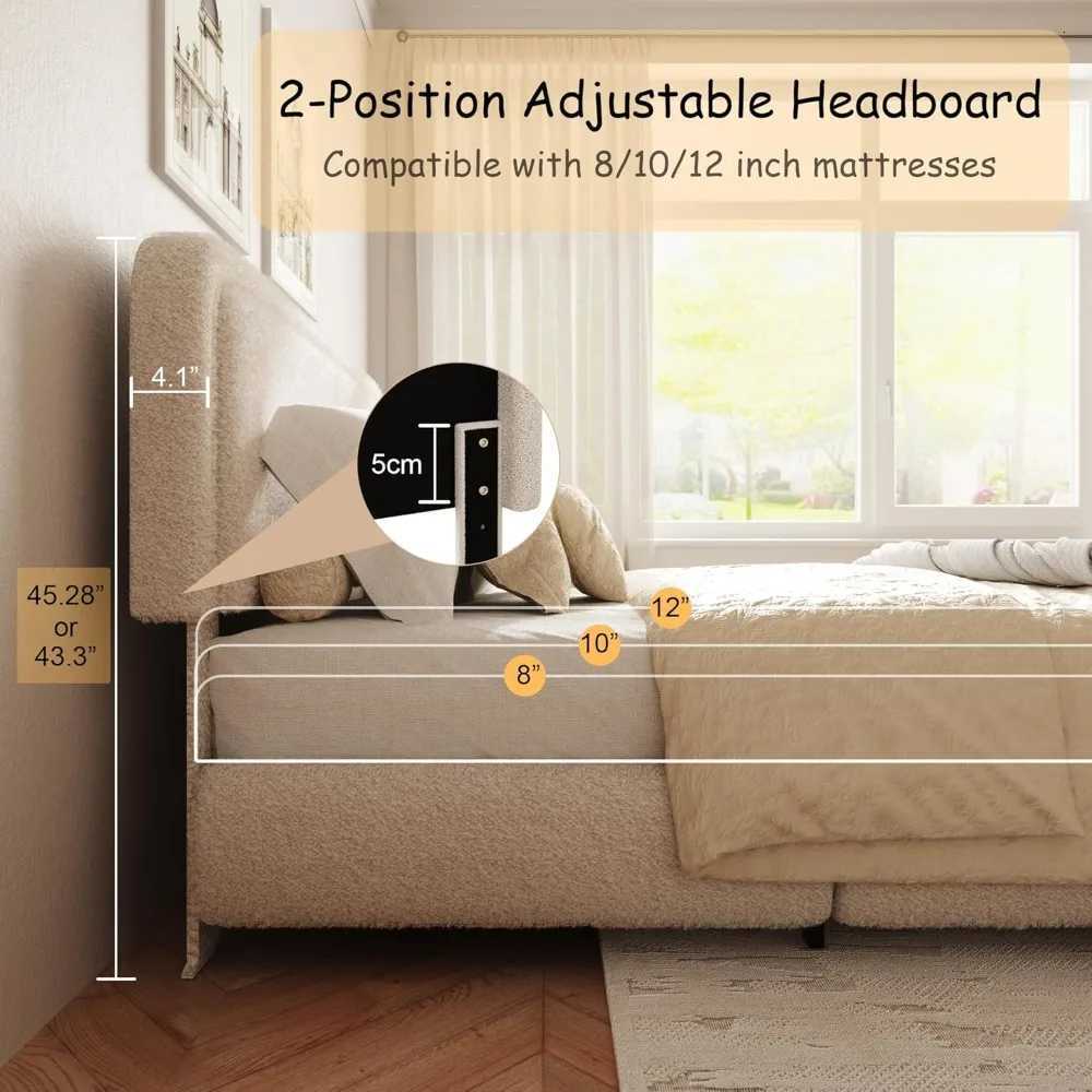 King Size Boucle Bed Frame Cloud Upholstered Platform Bed with Height Adjustable Headboard Soft Rounded CornersM251118