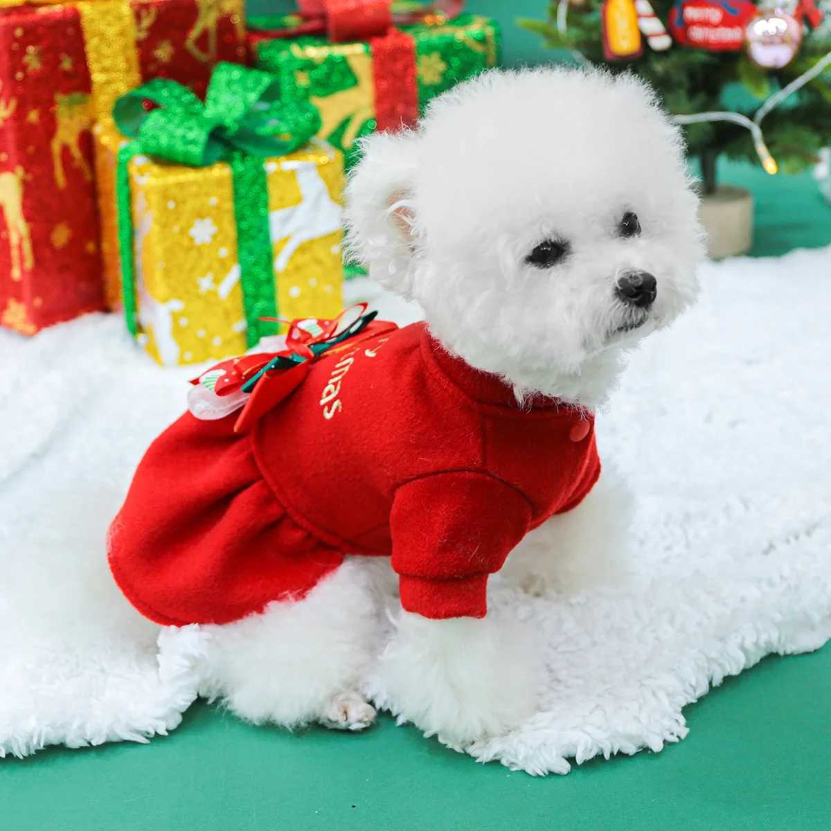 Pet Dog Cat Clothing Autumn and Winter Warm Christmas Red Thickened Warm Dress C251118