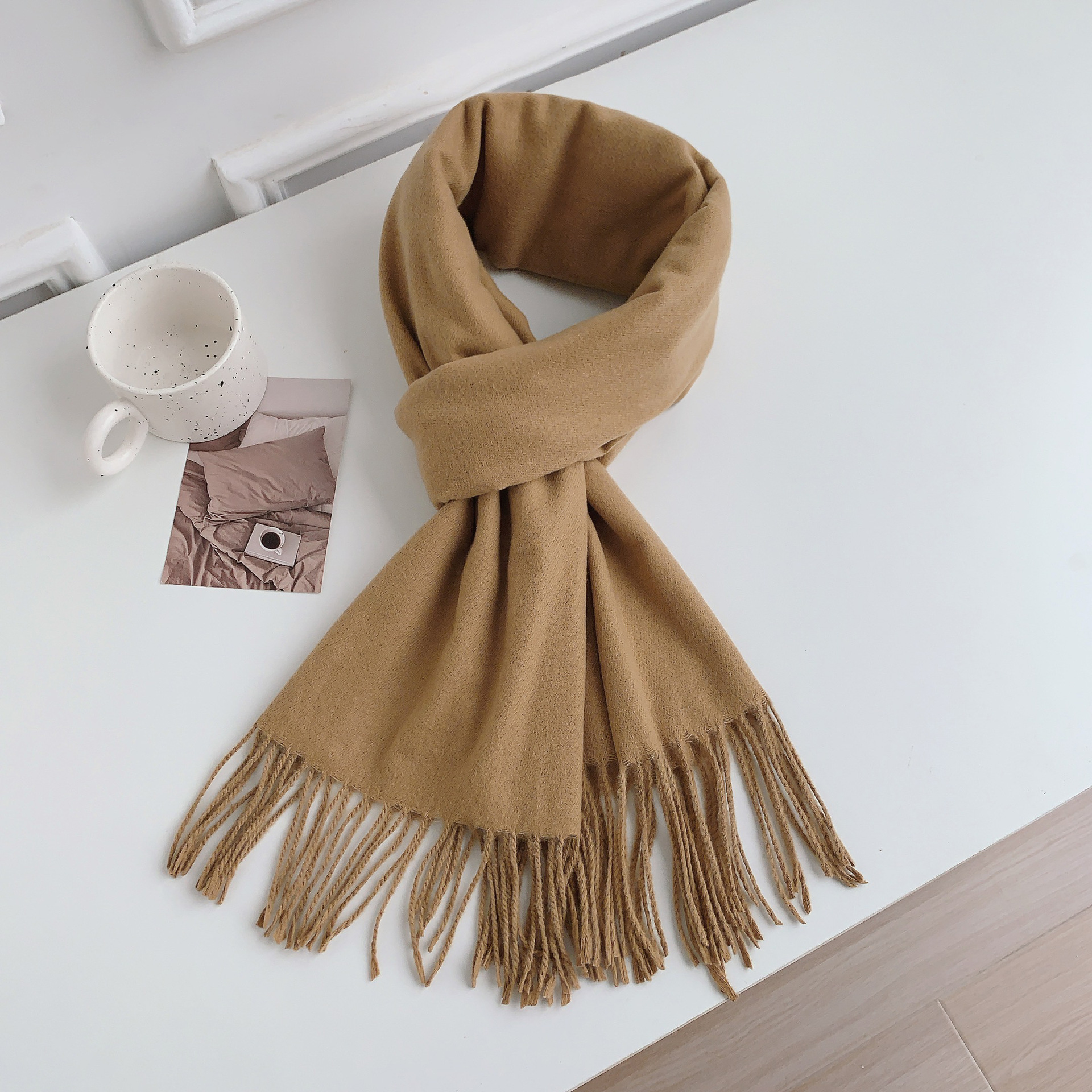 K435 New high-grade imitation cashmere tassel solid color scarf for women in winter Korean style all-match temperament Chinese red scarf wholesale