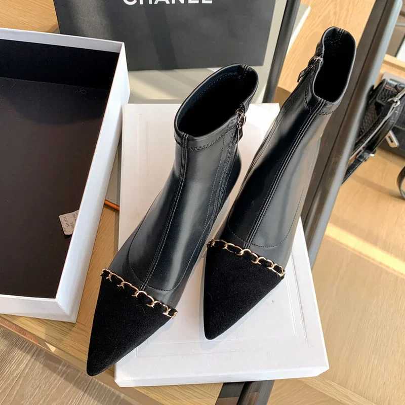 Fashion Ochanmeb Wen Luxury Designer Chain Mix-color Boots Sheep Suede Pointy Toe Kitten Heel Ankle Boot Nude Autumn Winter Shoe Botas Y251118