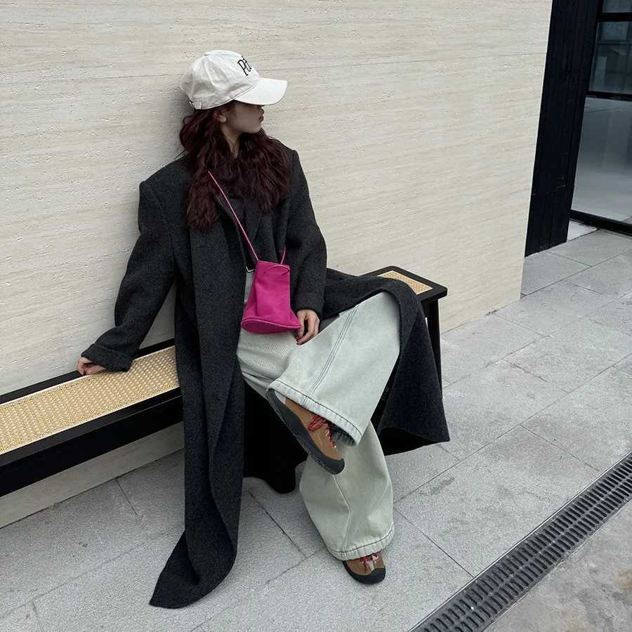 Korean Style Niche Drawstring Close Bucket Bag Small Ins Simple Matte Suede Cow Leather Women Crossbody Bag Hot Pink Daliy PouchW251118