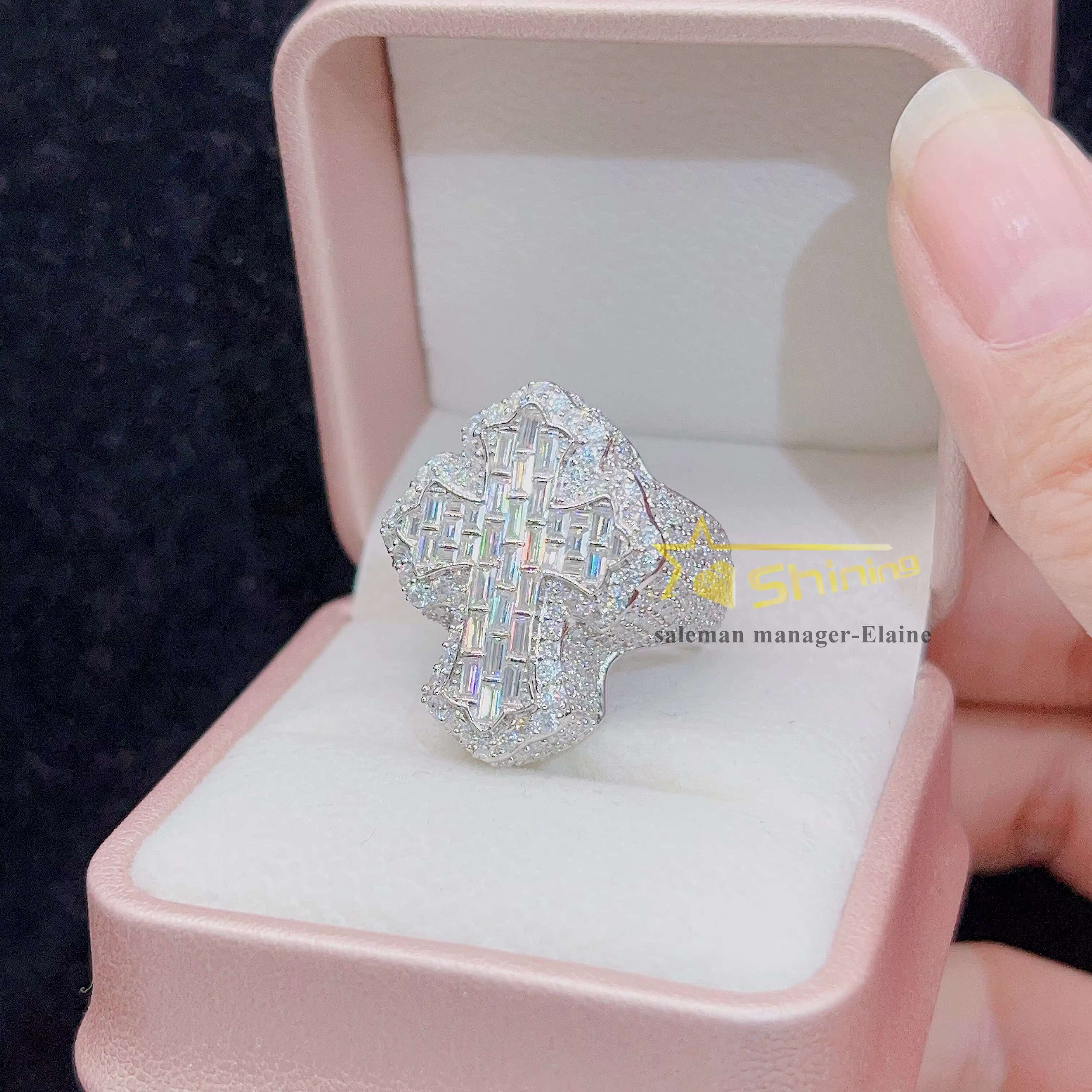 Fashion Hip Hop Fine Jewelry New Design Sier Vvs Moissanite Iced Out Dia Cross Ring