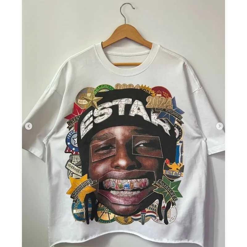 Y2K Round Neck Short Slves Harajuku Oversize T-shirt for Men New Vintage Graffiti Graphic Design Print Cropped Couple TopsC250418