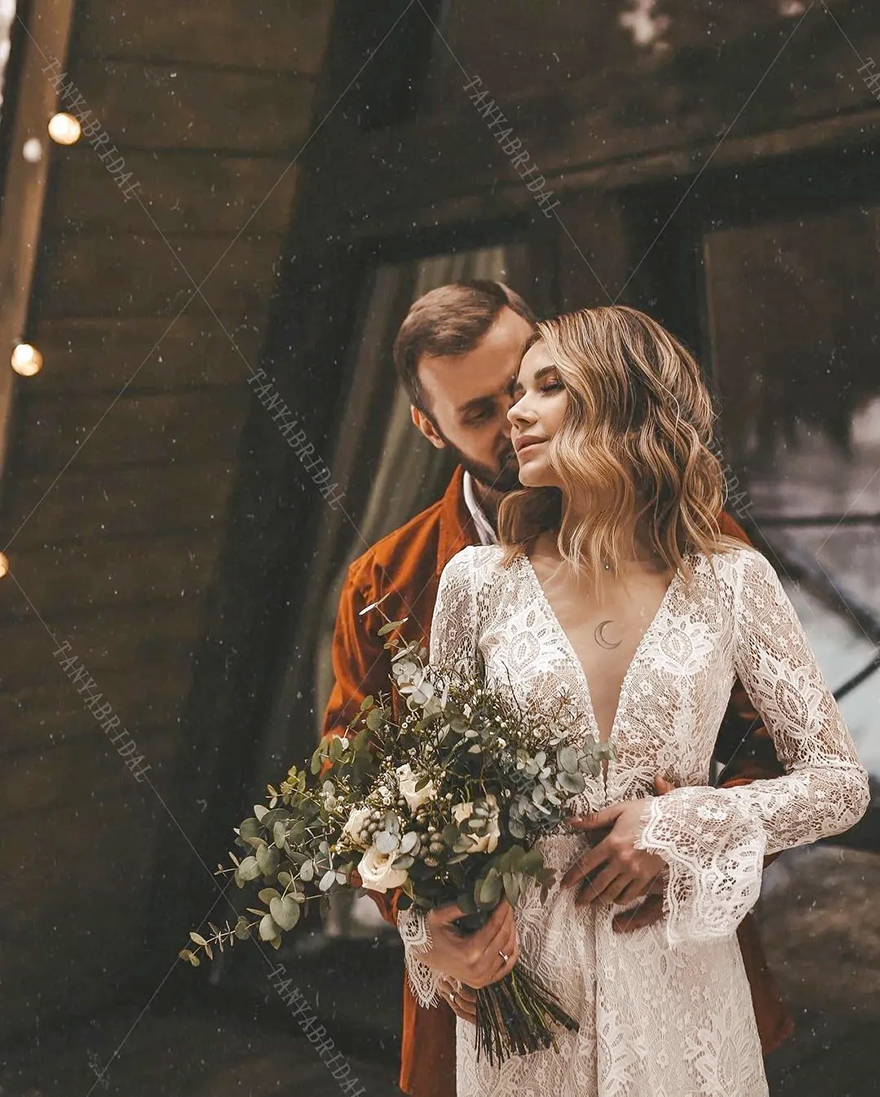 Bohemian beach Lace Wedding Dresses Long Sleeve western country cowgirl Bridal Gowns V-Neck Fashion Vestido De Noivas S7502