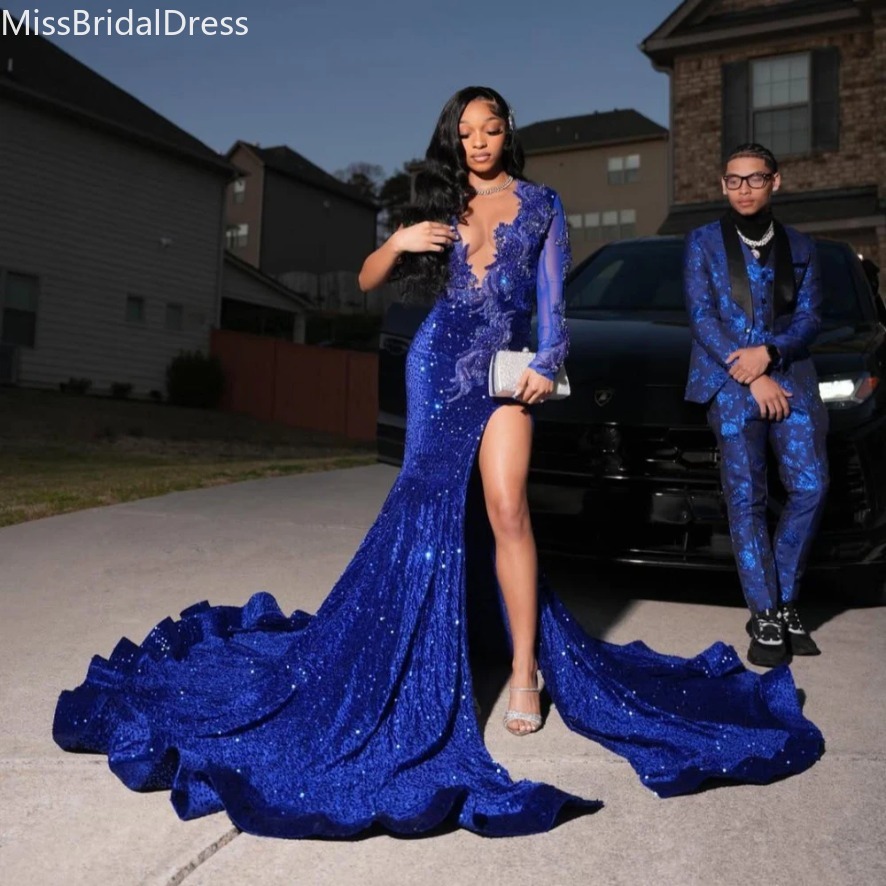 African Glitter Royal Blue Mermaid Prom Dresses Black Girls Diamond Crystal Beaded High Slit Birthday Party Evening Gown 1118