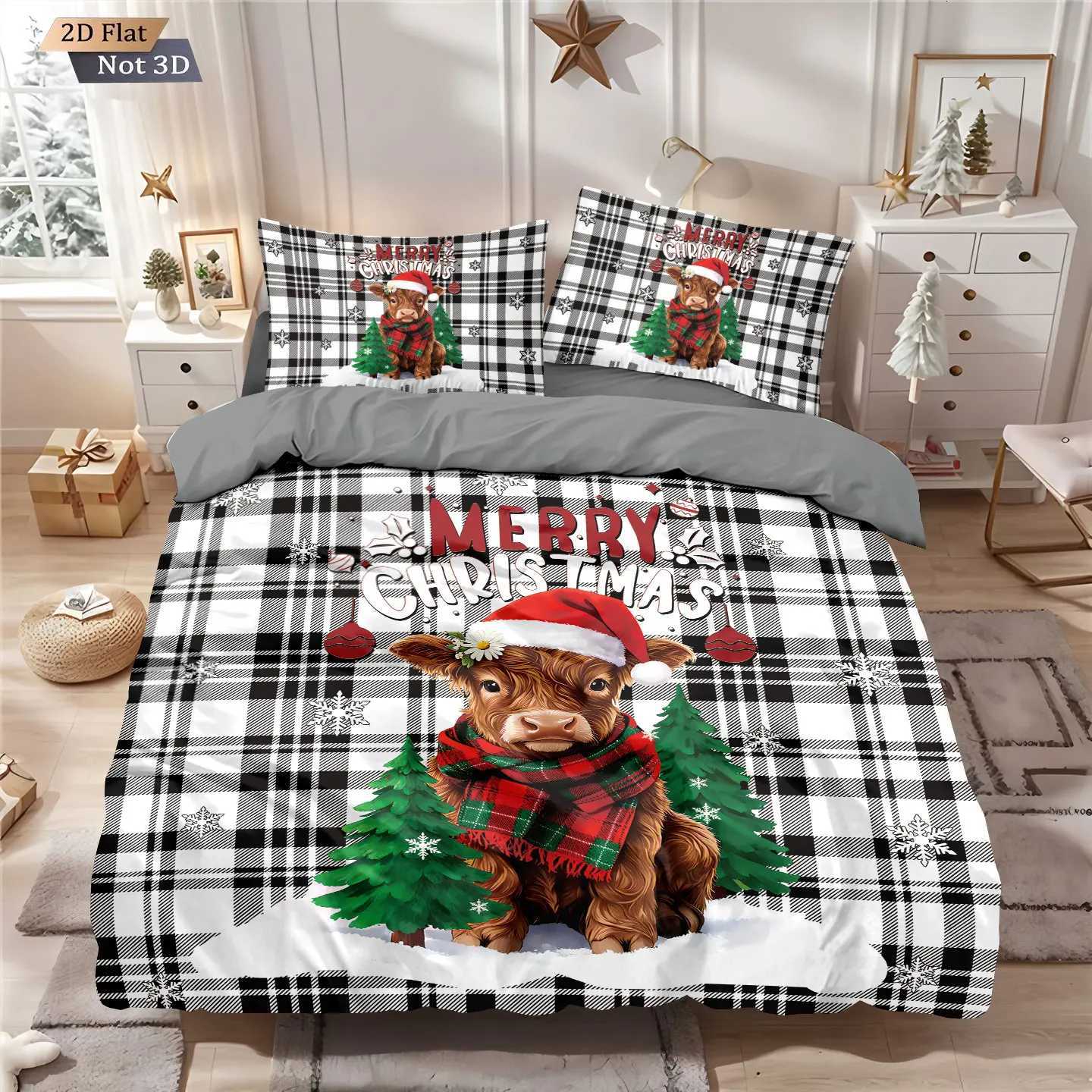 3pcs checkered Christmas highland cow print coreless bedding set multi size bedroom duvet cover decoration machine washableM251118