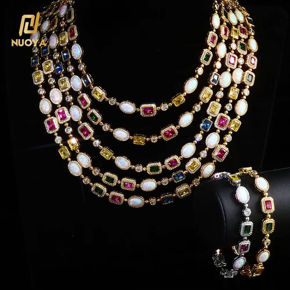 NUOYA Colored CZ Diamond Cross Link Chain Necklace Gold Plated Colorful Opal Link Chain Hip Hop Fine Jewelry for Men Women Gift
