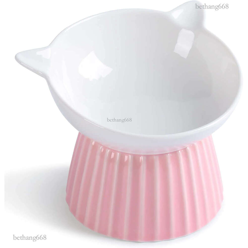 Wellbro Ceramic Raised Cat Bowl,Tilted Raised Cat Bowl Anti Vomit Cat Bowls for Indoor Cats Whisker Friendly Pet Feeder for Cats Puppies, Microwave an